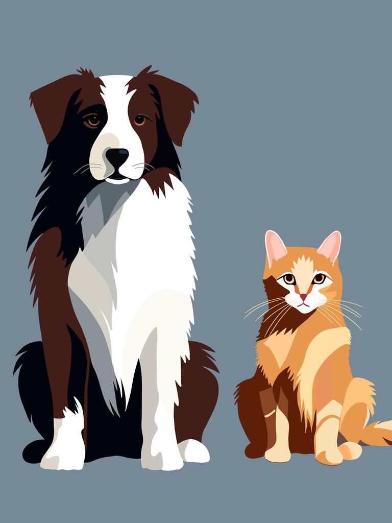 Illustration eines braun-schwarzen Hundes, der neben einer orange-weißen Katze sitzt. Der Hintergrund ist grau-blau.