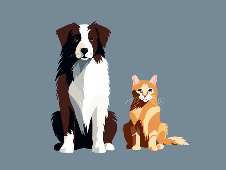 Illustration eines braun-schwarzen Hundes, der neben einer orange-weißen Katze sitzt. Der Hintergrund ist grau-blau.