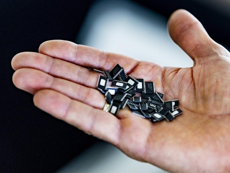 Zahlreiche Mikrochips liegen auf einer Hand.