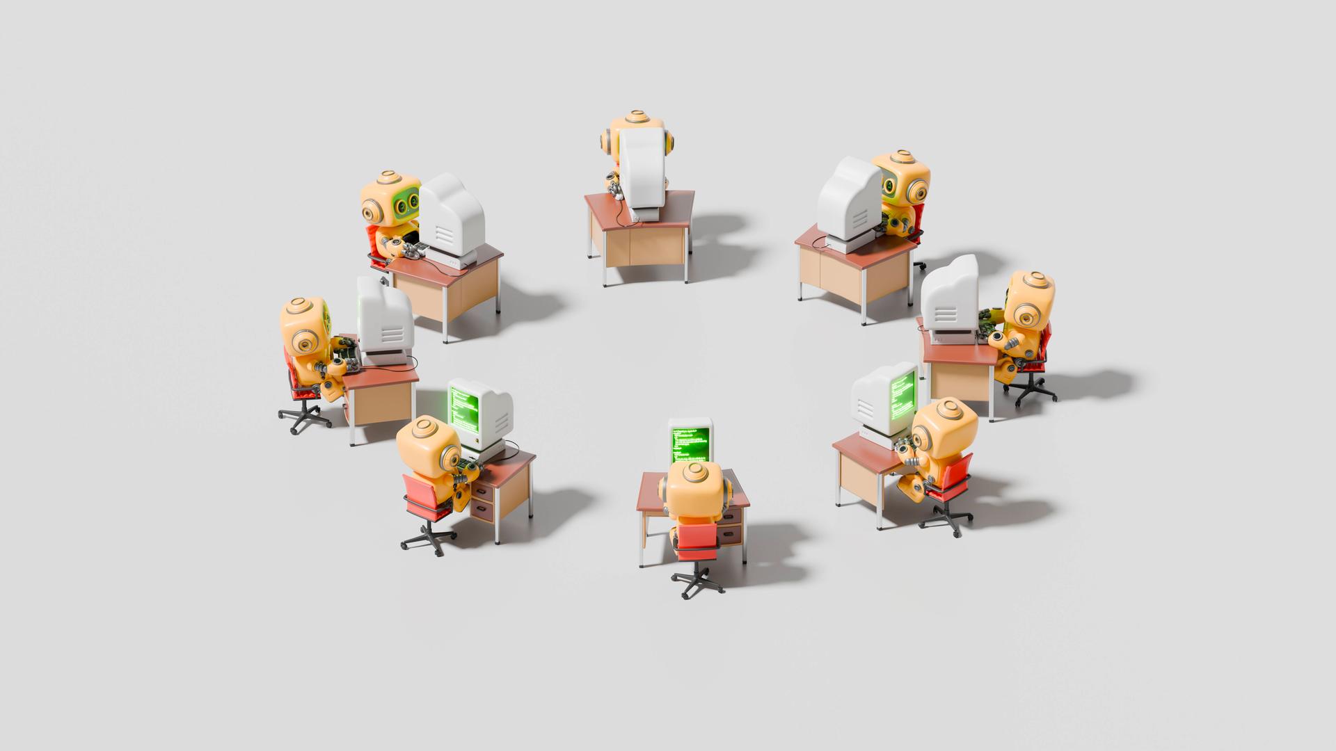 Illustration: Roboter, die an Computern in einem kreisförmig angeordneten Büro arbeiten