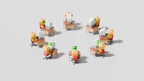 Illustration: Roboter, die an Computern in einem kreisförmig angeordneten Büro arbeiten