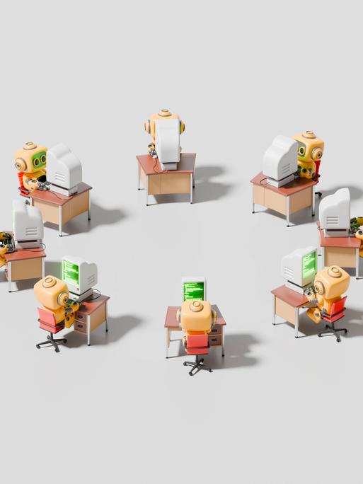 Illustration: Roboter, die an Computern in einem kreisförmig angeordneten Büro arbeiten