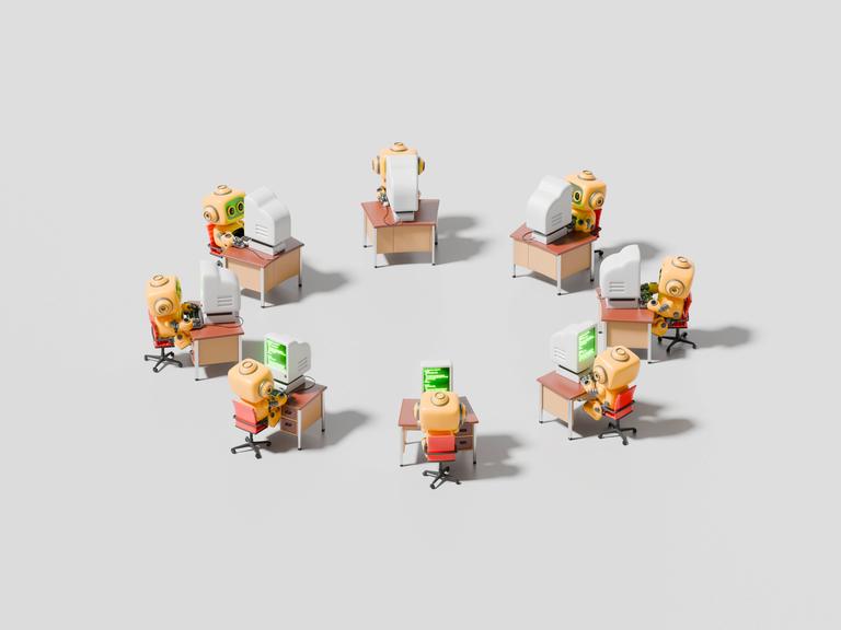 Illustration: Roboter, die an Computern in einem kreisförmig angeordneten Büro arbeiten