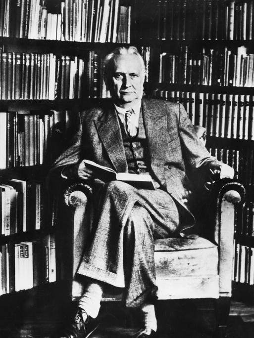 Karl Jaspers sitzt auf einem Lesesessel vor einem Bücherregal und blickt ernst in die Kamera