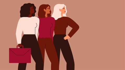 Illustration: Drei selbstbewusste Frauen stehen zusammen. Eine Frau trägt eine Aktentasche, eine andere hat den Arm in die Hüfte gestemmt.