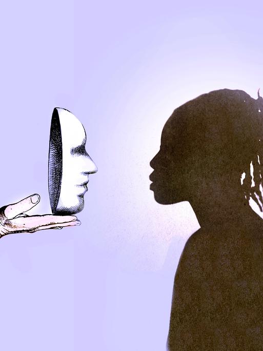 Eine schwarze Frau, als Silhouette dargestellt, schaut einer weißen Maske ins Gesicht, die ihr wie ein Spiegel vorgehalten wird.