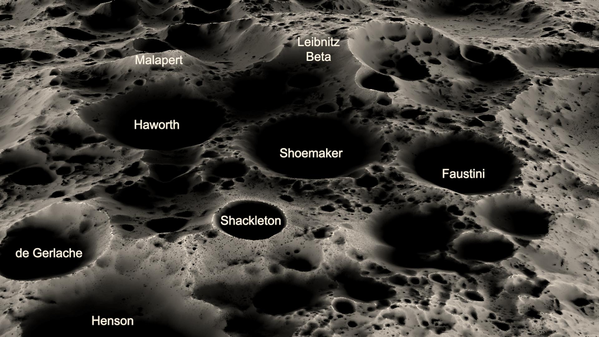 Die Südpolgegend des Mondes ist sehr zerklüftet und daher ein sehr anspruchsvolles Gebiet. Der Krater Shackleton direkt am Pol hat 21 km Durchmesser.