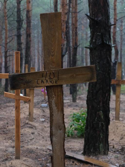 Holzkreuze stehen in einem Waldstück bei Isjum/ Ukraine.