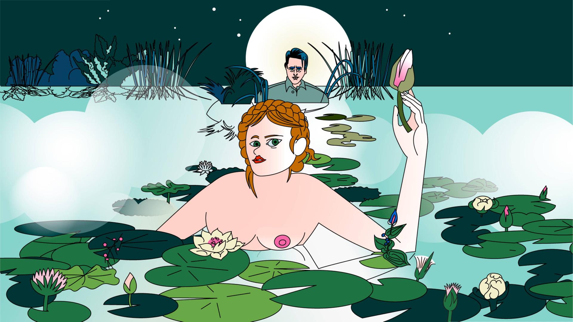 Der Vollmond steht am Himmel und Sven findet Anastasia badend im Onsen.