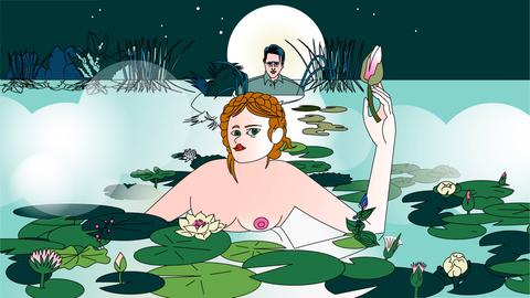 Der Vollmond steht am Himmel und Sven findet Anastasia badend im Onsen.