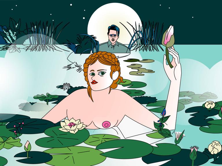 Der Vollmond steht am Himmel und Sven findet Anastasia badend im Onsen.