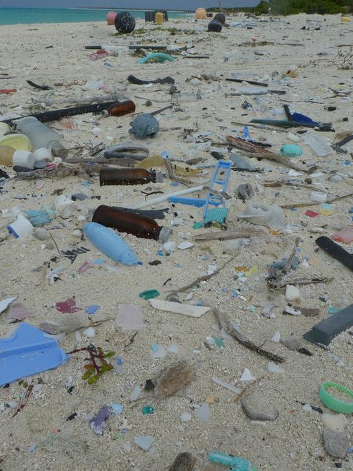 Meeresmüll und Plastik bedecken den Strand des Midway-Atolls im Nordwesten der Hawaii-Inseln, 09.04.2021. 