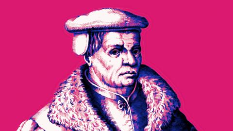 Historischer Druck von Thomas Müntzer, der nachträglich in kräftigem Pink eingefärbt wurde.