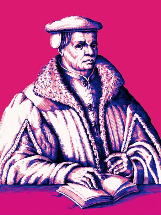 Historischer Druck von Thomas Müntzer, der nachträglich in kräftigem Pink eingefärbt wurde.