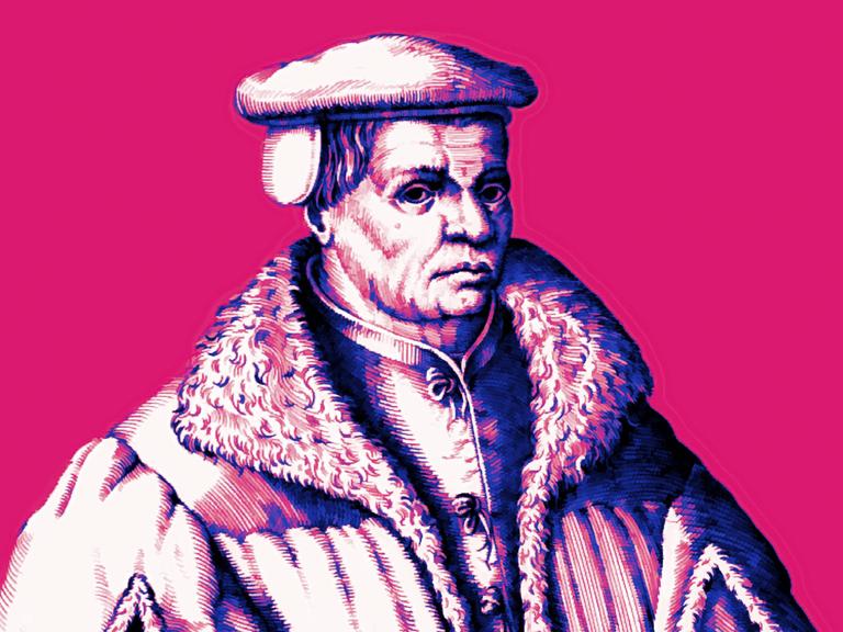 Historischer Druck von Thomas Müntzer, der nachträglich in kräftigem Pink eingefärbt wurde.