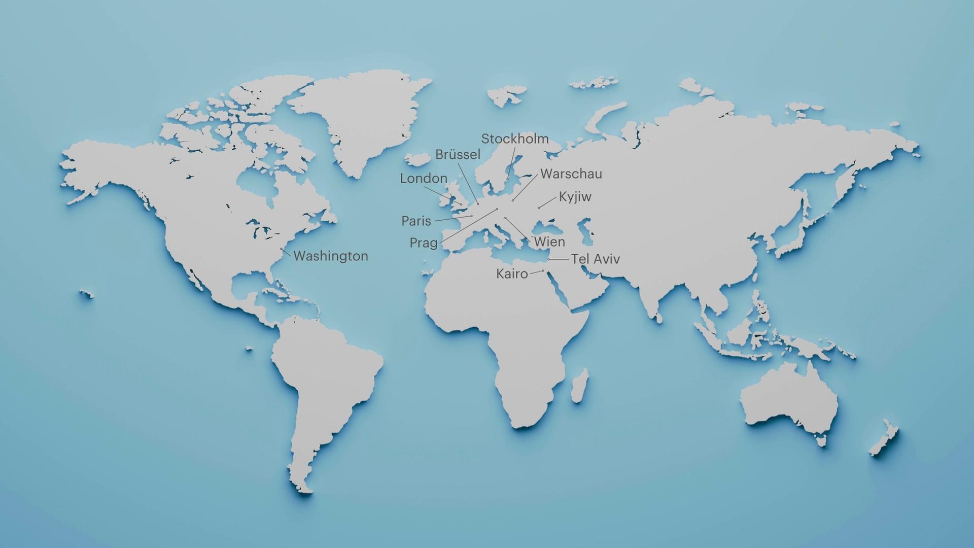 Eine Weltkarte mit den Standorten der Auslandsstudios von Deutschlandradio