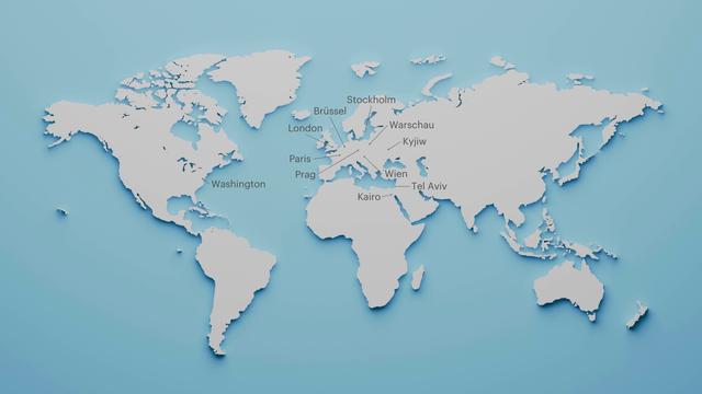 Eine Weltkarte mit den Standorten der Auslandsstudios von Deutschlandradio
