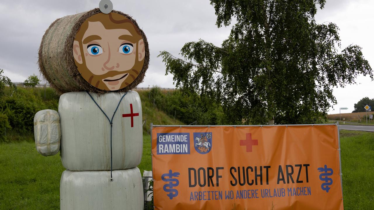Eine Strohpuppe, die aussieht wie ein Arzt, steht neben einem Schild an einer Straße - darauf steht: "Dorf sucht Arzt".