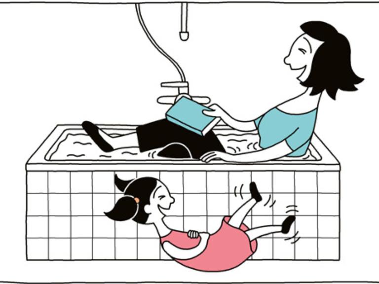 Ein Screenshot der Internetseite mother-and-daughter.de, auf dem auf weißem Hintergrund verschiedene Comicabbildungen der Illustratorin Katharina Greve, die darin eine Mutter und Tochter Beziehung thematisiert, abgebildet sind.