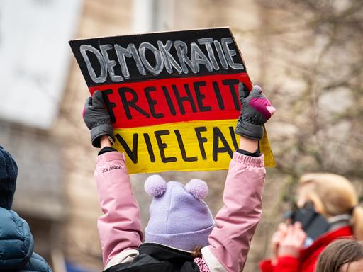 Eine Demonstratin hält das Schild mit der Aufschrift "Demokratie - Freiheit - Vielfalt" in den Farben schwarz, rot und gold in die Luft. Sie ist Teilnehmerin einer Demonstration gegen Rechtsextremismus und die AfD in Lübeck.