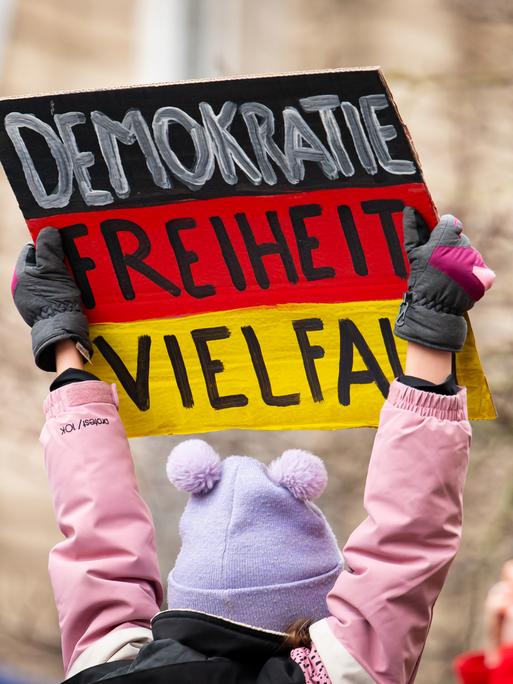 Eine Demonstratin hält das Schild mit der Aufschrift "Demokratie - Freiheit - Vielfalt" in den Farben schwarz, rot und gold in die Luft. Sie ist Teilnehmerin einer Demonstration gegen Rechtsextremismus und die AfD in Lübeck.