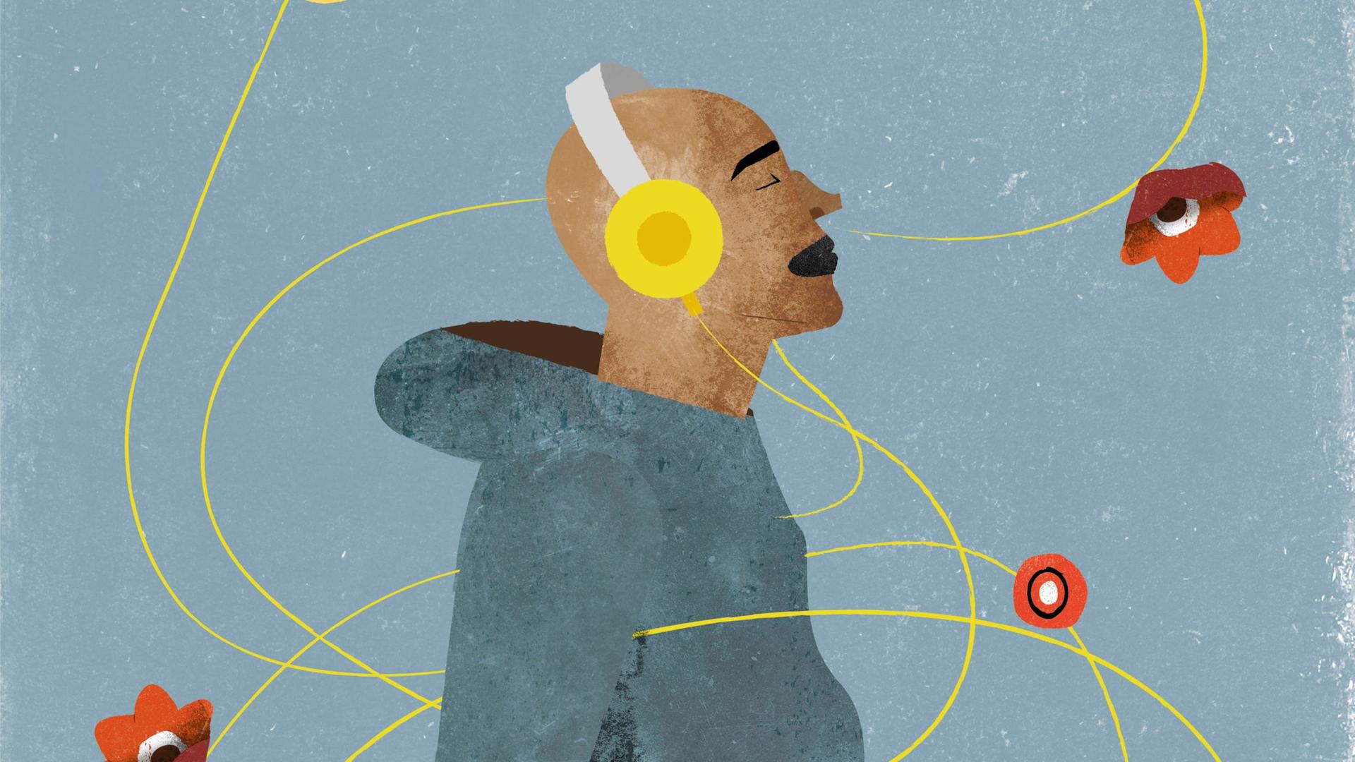 Illustration eines Mannes, der mit geschlossenen Augen über einen Kopfhörer Musik hört