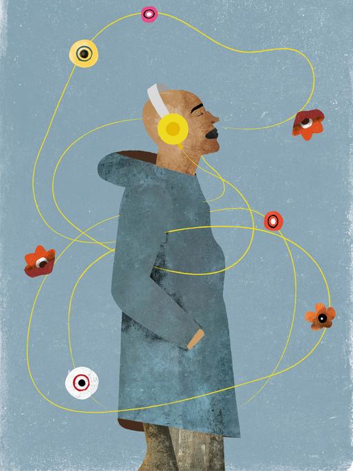 Illustration eines Mannes, der mit geschlossenen Augen über einen Kopfhörer Musik hört