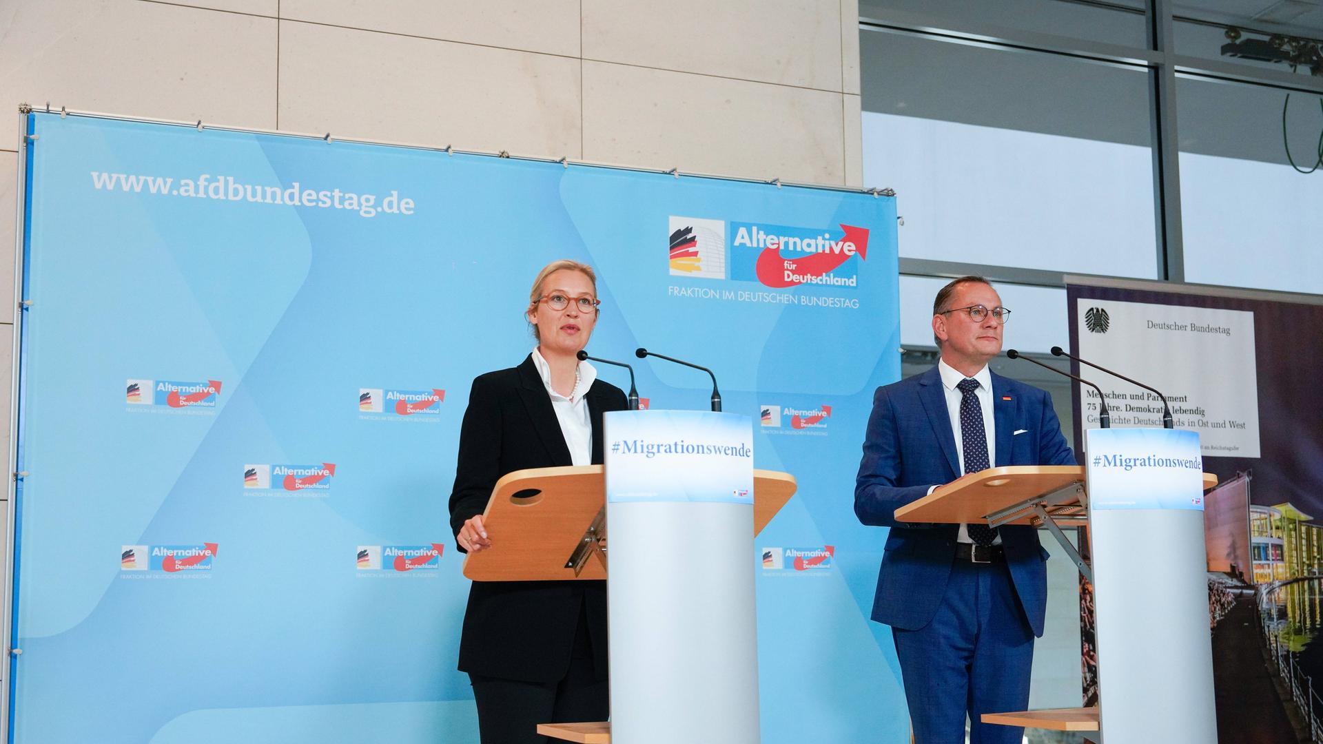 AfD-Bundestagsfraktion, Alice Weidel, Tino Chrupalla Fraktionssitzung AfD-Bundestagsfraktion, Pressestatement, Vorsitzende der AfD-Bundestagsfraktion, Bundessprecher, Alice Weidel, Tino Chrupalla in Berlin.