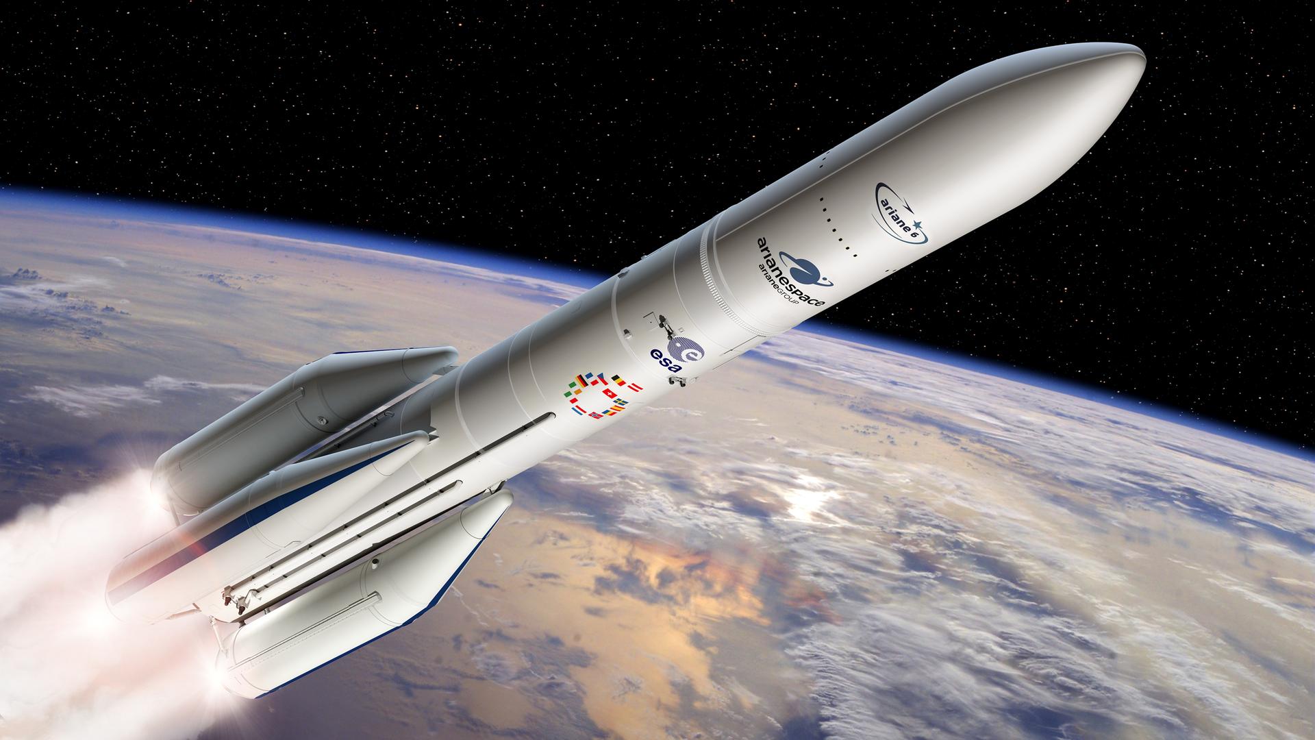 Noch eine Illustration, vielleicht aber schon heute Abend Wirklichkeit: Der Start einer besonders leistungsstarken Ariane 64 mit vier Hilfsraketen. 