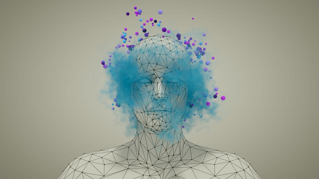 3D Rendering eines menschlichen Oberkörpers der von rasterartigen Linien überzogen wird. Über dem Kopf schweben blaue Wolken und violette Punkte in verschiedenen Schattierungen.