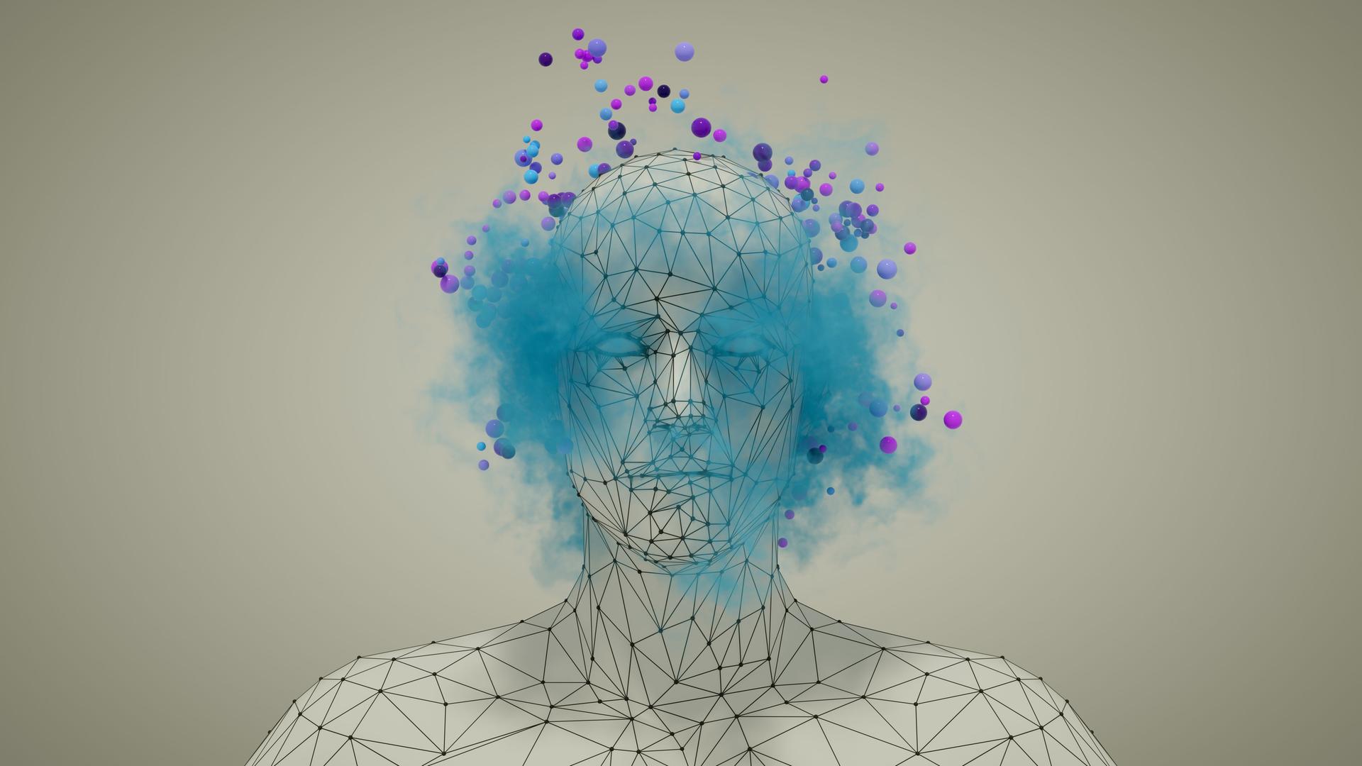 3D Rendering eines menschlichen Oberkörpers der von rasterartigen Linien überzogen wird. Über dem Kopf schweben blaue Wolken und violette Punkte in verschiedenen Schattierungen.