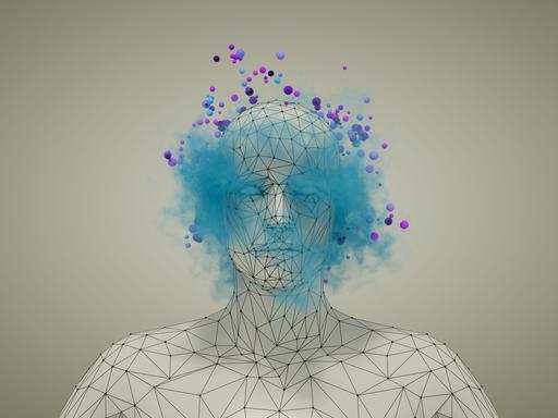 3D Rendering eines menschlichen Oberkörpers der von rasterartigen Linien überzogen wird. Über dem Kopf schweben blaue Wolken und violette Punkte in verschiedenen Schattierungen.