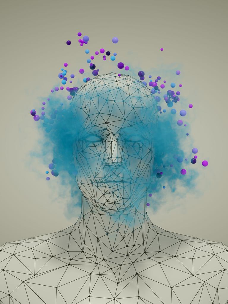 3D Rendering eines menschlichen Oberkörpers der von rasterartigen Linien überzogen wird. Über dem Kopf schweben blaue Wolken und violette Punkte in verschiedenen Schattierungen.