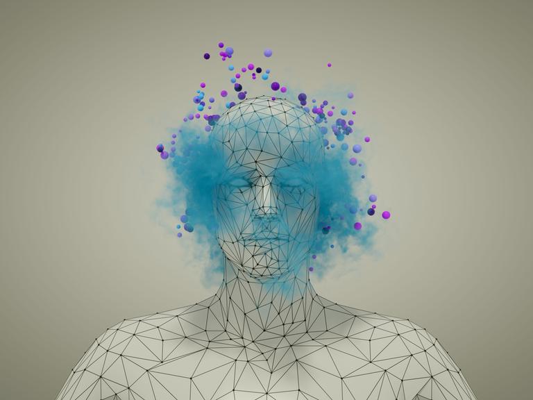 3D Rendering eines menschlichen Oberkörpers der von rasterartigen Linien überzogen wird. Über dem Kopf schweben blaue Wolken und violette Punkte in verschiedenen Schattierungen.