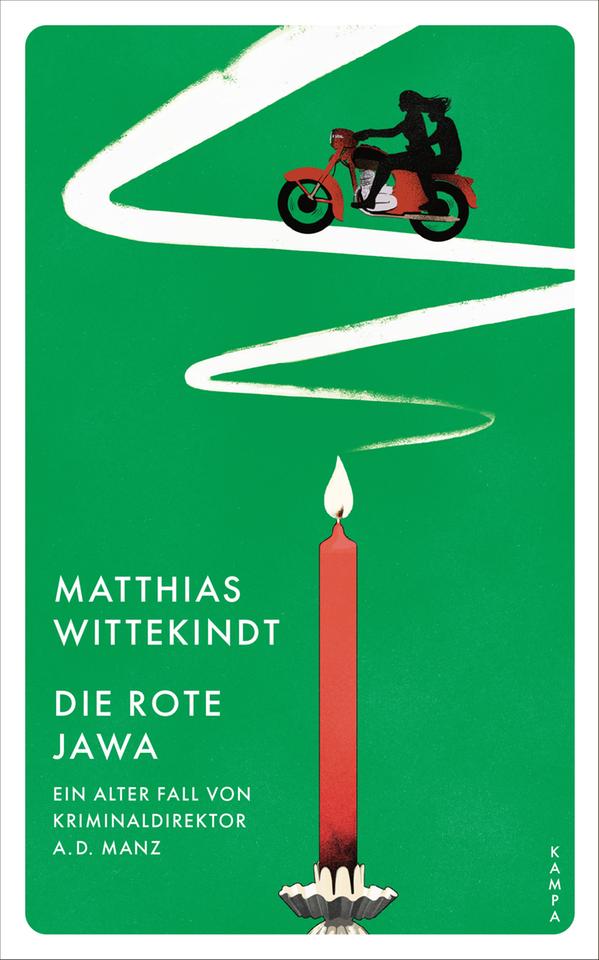 Das Cover des Krimis von Matthias Wittekindt, "Die rote Jawa". Es zeigt neben dem Namen des Autors und dem Titel eine rote, brennende Kerze auf einheitlich grünem Grund. Der Rauch der Kerze wird zu einer kurvigen Straße, auf der ein Motorrad bergan fährt.