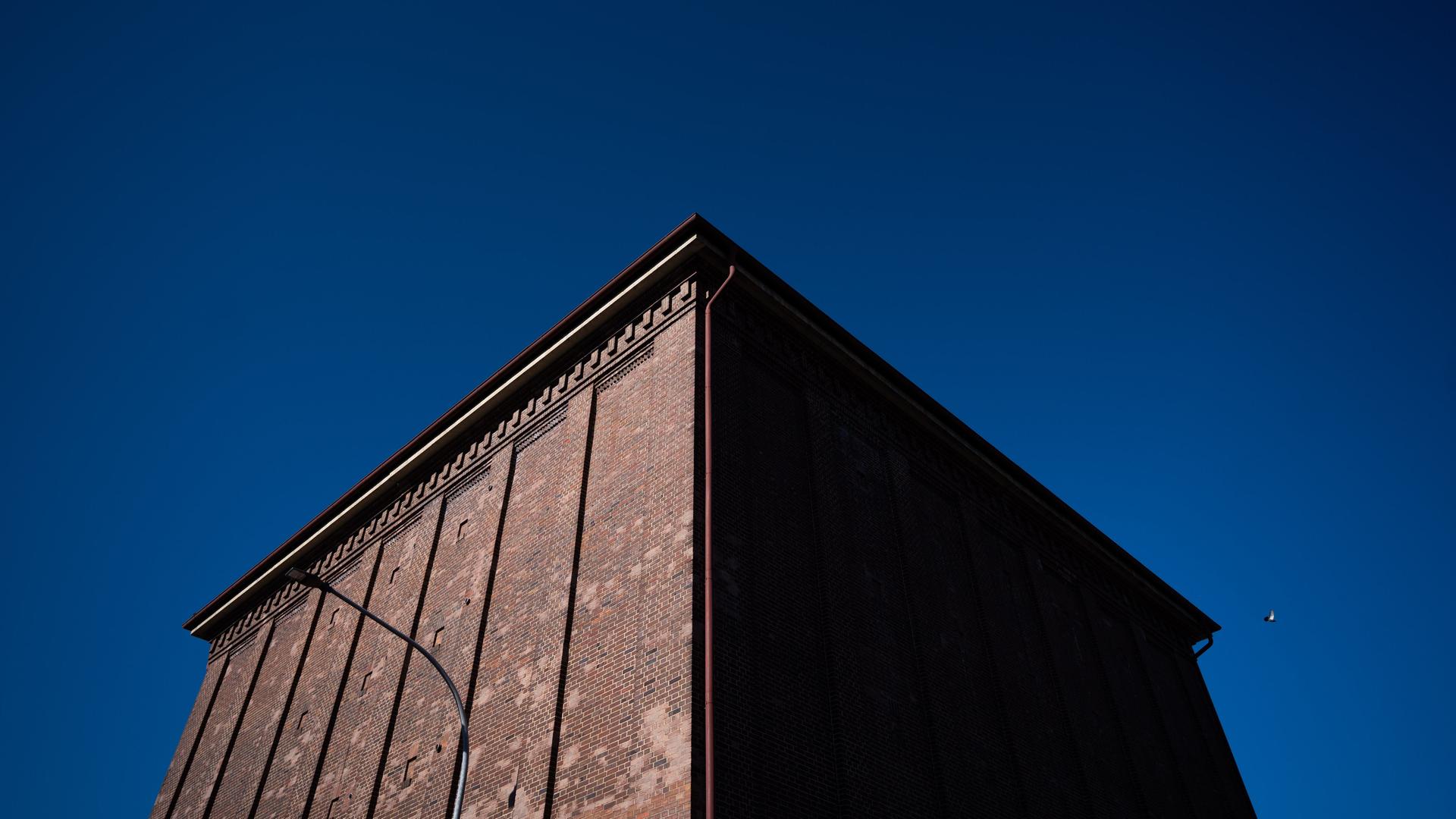 Blick auf die Außenfassade des Deutschen Bunkermuseums. Eine Taube fliegt vom Dach.