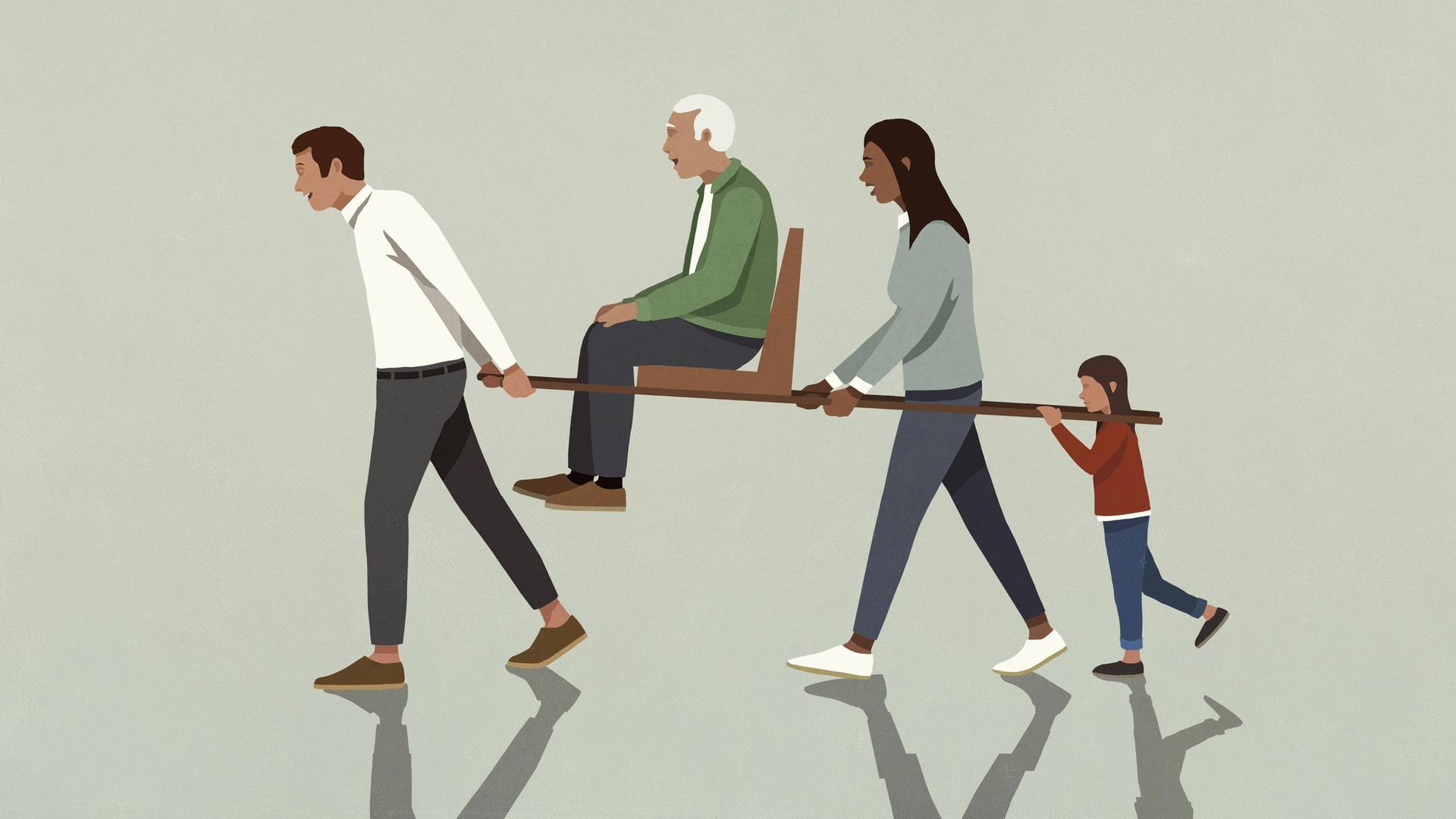 Illustration einer Familie, die einen alten Menschen auf einem Stuhl trägt.