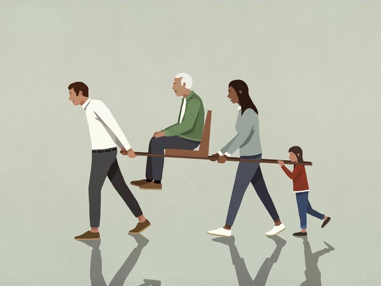 Illustration einer Familie, die einen alten Menschen auf einem Stuhl trägt.