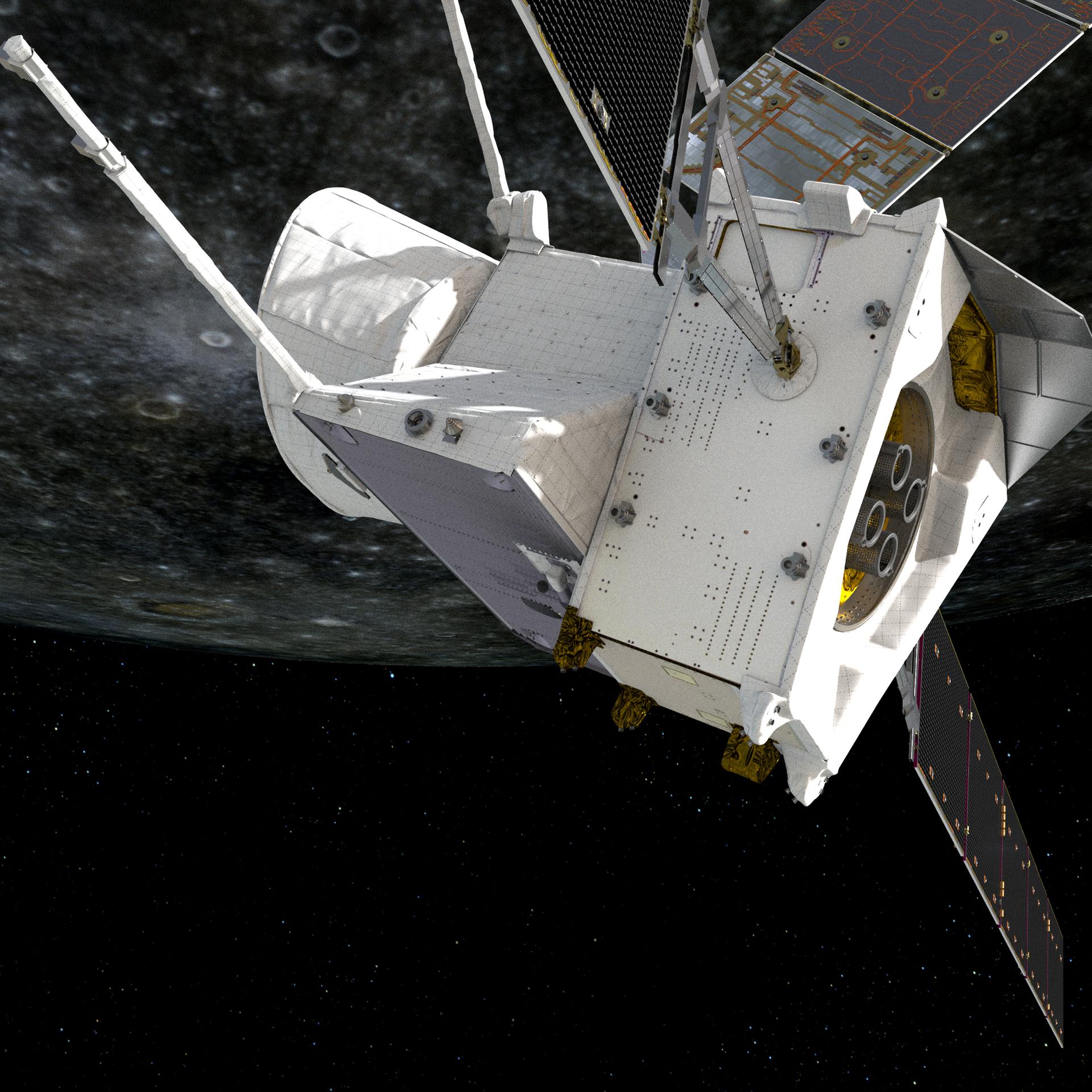 Künstlerische Darstellung des Vorbeiflugs von "Bepicolombo" am Merkur