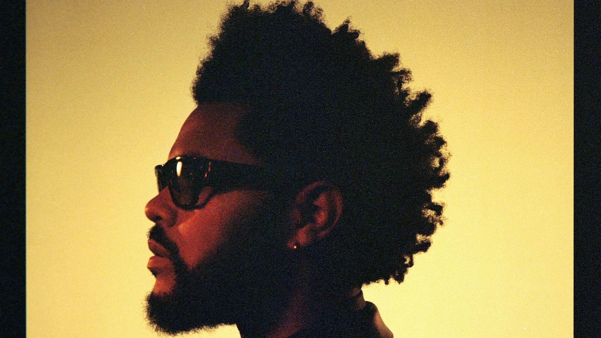 The Weeknd im Profil mit Sonnenbrille vor einem gelben Hintergrund The Weeknd im Profil mit Sonnenbrille vor einem gelben Hintergrund