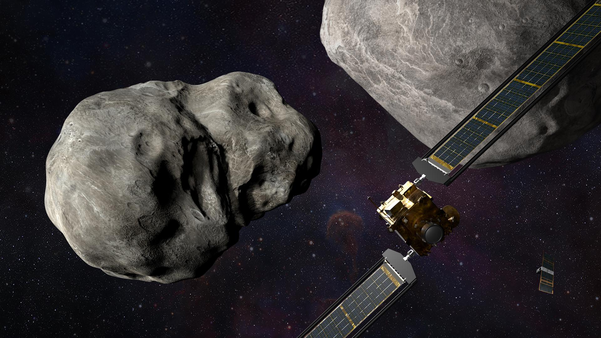 Die Sonde fliegt auf die beiden Asteroiden zu.