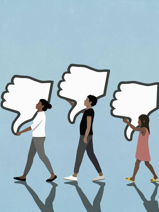 Illustration: "Like" und "Dislike" Zeichen von Social Media werden von vier Menschen in einer Reihe getragen.